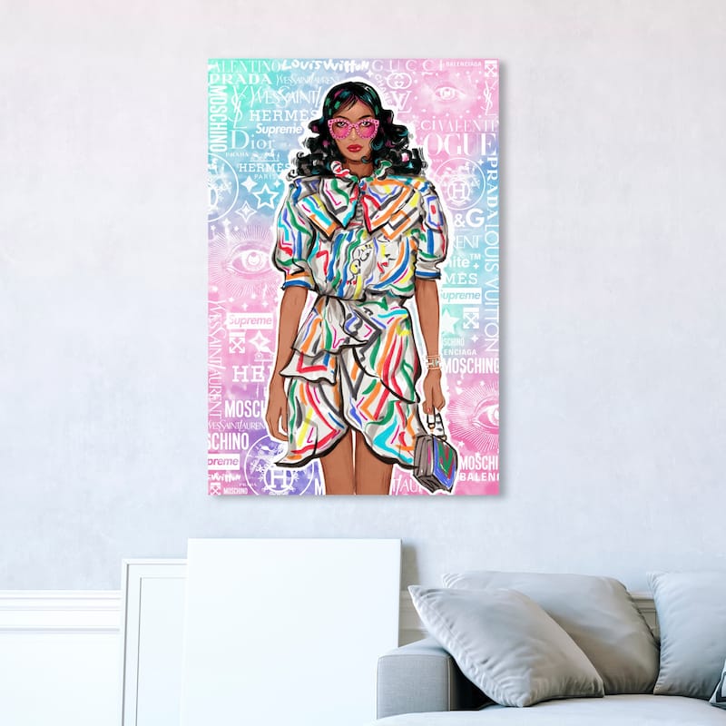 Wynwood Studio Canvas Fashion and Glam Serious Fashion Shopper Pink and Light Pink Modern & Contemporary Wall Art Canvas Print - 45 x 30