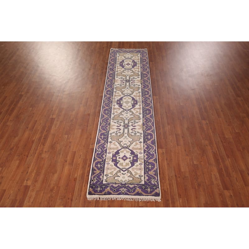 Ivory & Purple Oushak Indian Runner Rug Hand-Knotted Wool Carpet - 2'8"x 10'1"