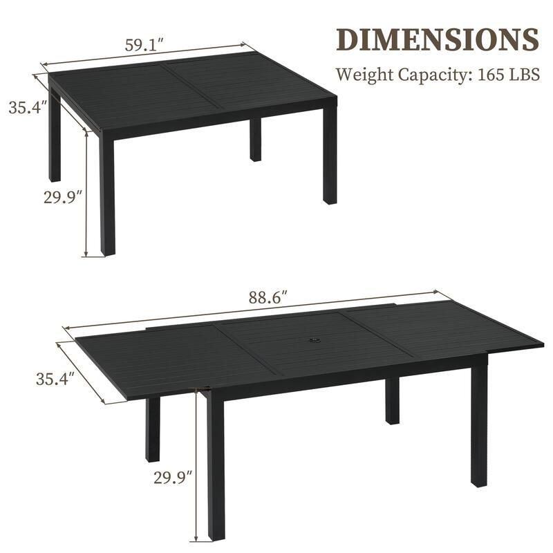 Extendable Patio Dining Table for 6-10 Person, Rectangle Aluminum Table with 1.8" Umbrella Hole for Backyard