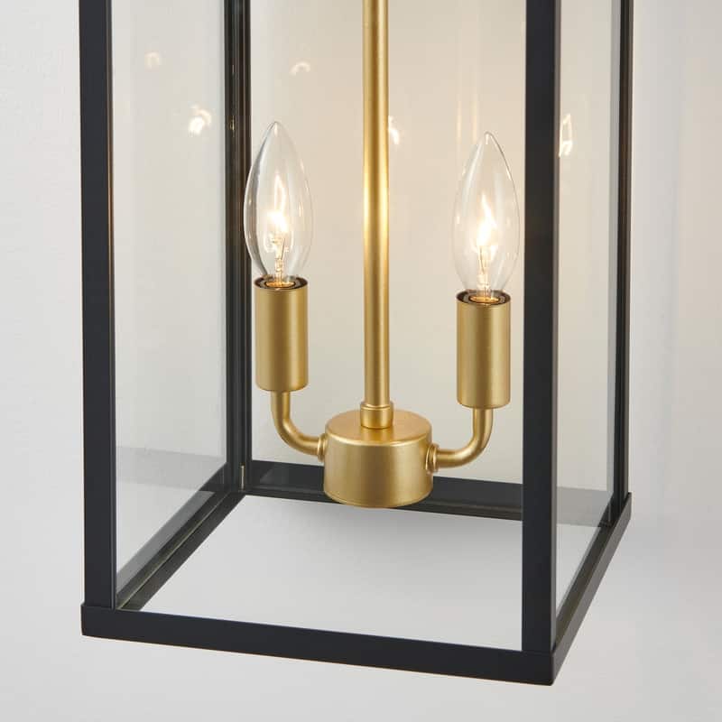 KAWOTI 2-Light Black & Gold Outdoor Lantern Wall Light - W8.25" x H20" x D9.5"