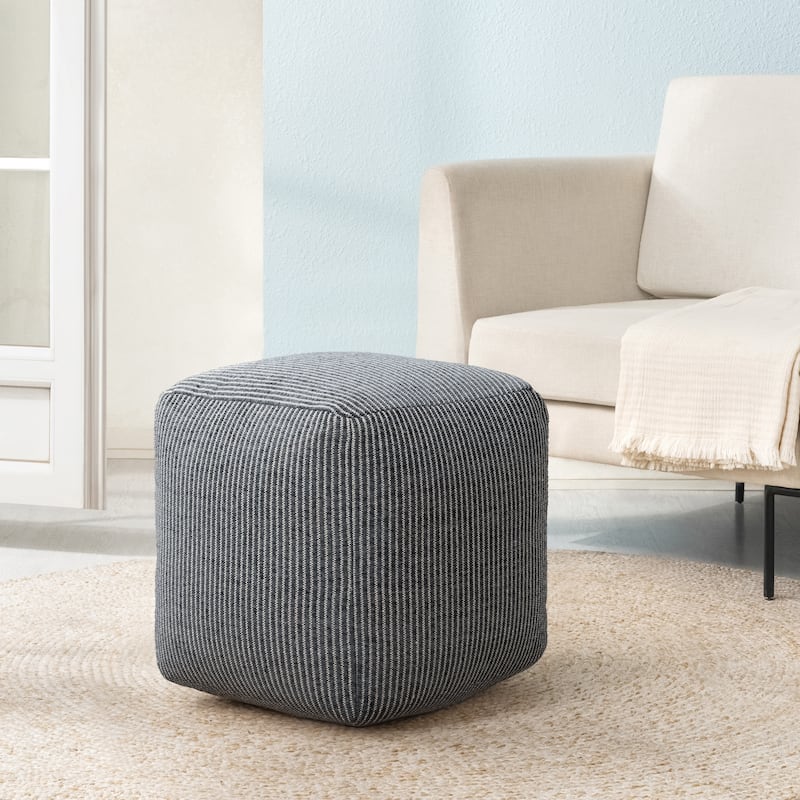 Jani 20-inch Ottoman Pouf - Handcrafted Handmade Ottoman for Seating, Footrest, Home Decor for Living Room, Bedroom - Ivory/Gray Maze