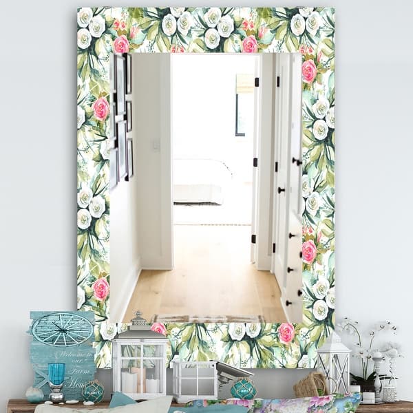 slide 2 of 7, Designart 'Green Flowers 5' Traditional Mirror - Printed Wall Mirror