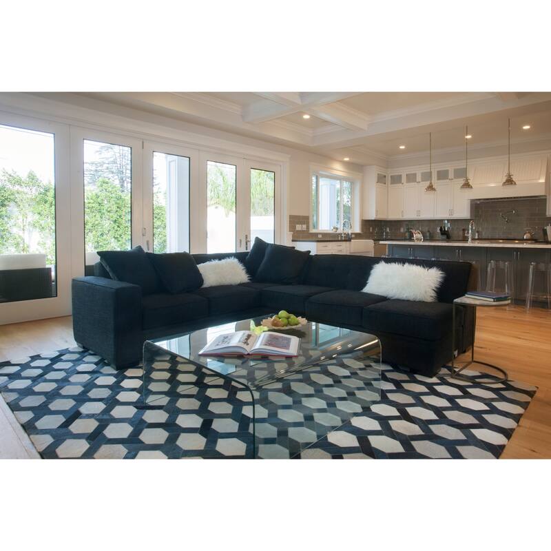 EXQUISITE RUGS Natural Hide Hand-stitched Leather Hide Silver/Blue Area Rug.