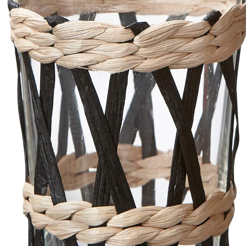 Island Collection Clear Glass High Ball Glass Drinkware with Black and Natural Cattail Braided Sleeve, 16 oz.