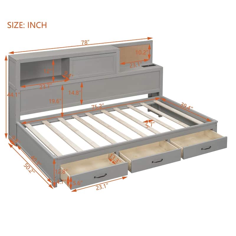 Twin Size Wooden Daybed with Drawers,A Set of Sockets and USB Ports