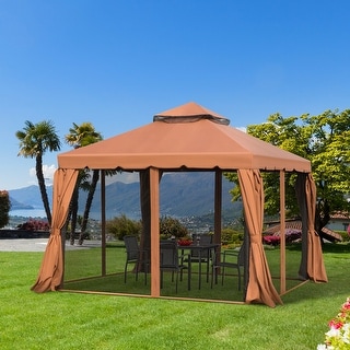 Outsunny 10' x 10' Patio Gazebo Outdoor Canopy Shelter with Double Vented Roof, Netting and Curtains for Garden, Lawn, Backyard