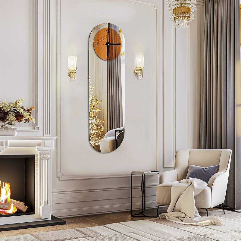 Large Oval Mirror with Wall Clock, 40 x 13, Modern Concise Wall Decor