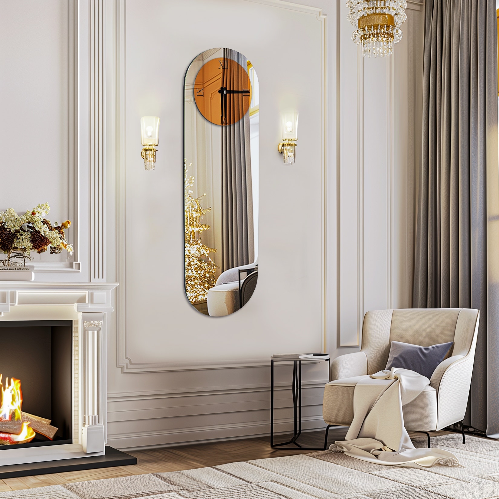 Large Wall Clock Mirror Finish Minimalist Long Oval for Living Room