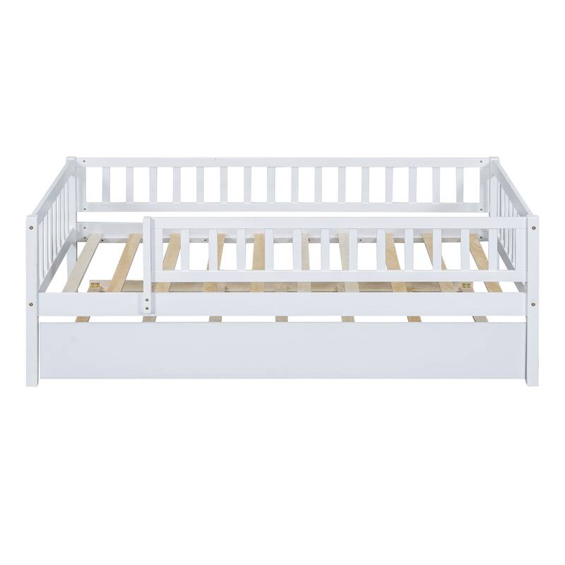 White Twin Wood Daybed with Trundle and Safety Guardrails