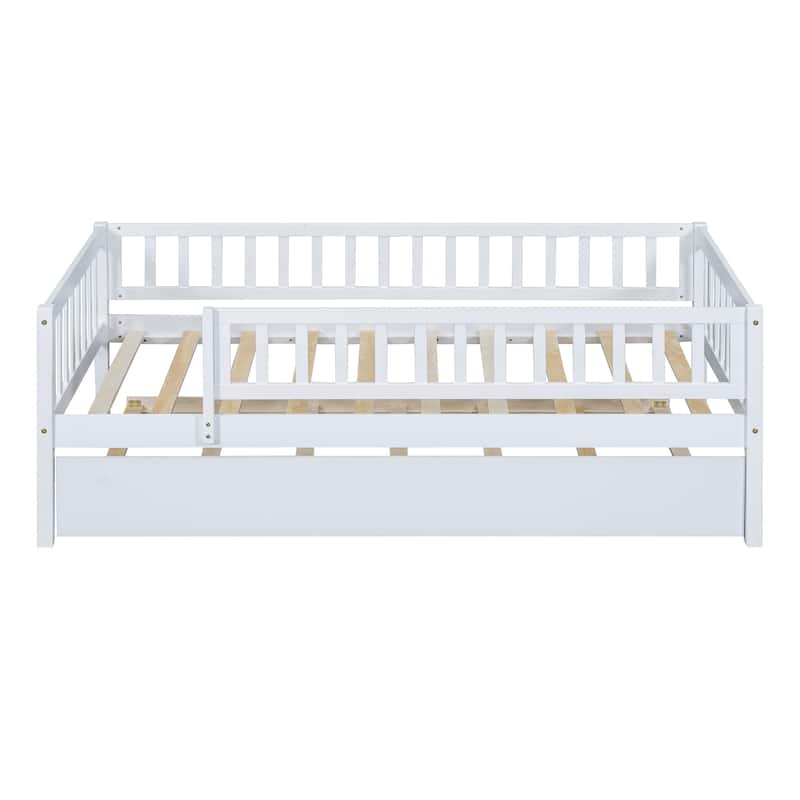 Wooden Twin/Full Daybed with Trundle and Fence Guardrails, No Box Spring Needed