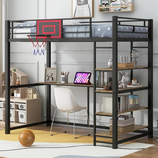 slide 2 of 8, Metal Loft Bed with Basketball hoop,Shelves and Desk,Twin Size Black