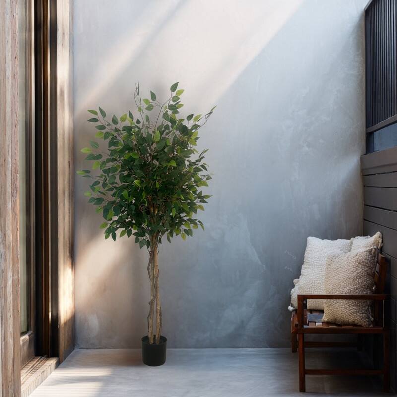 XBrand 63-Inch Artificial Ficus Tree - Realistic Indoor Faux Plant with Bendable Branches and Pre-Potted Design