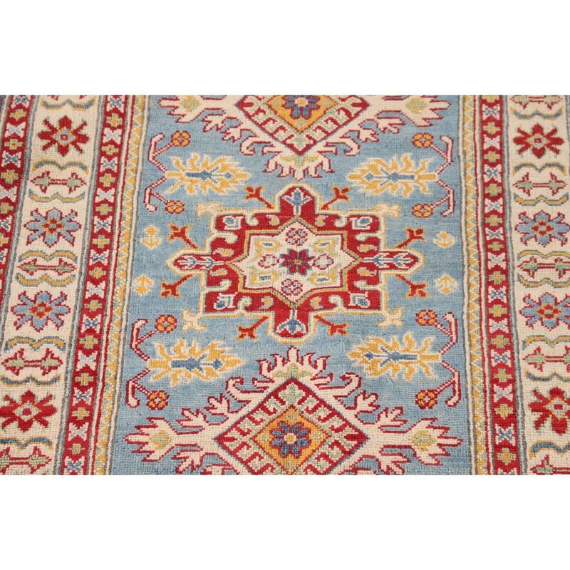 Light Blue Kazak Accent Rug Hand-Knotted Geometric Wool Carpet - 3'4"x 4'11"