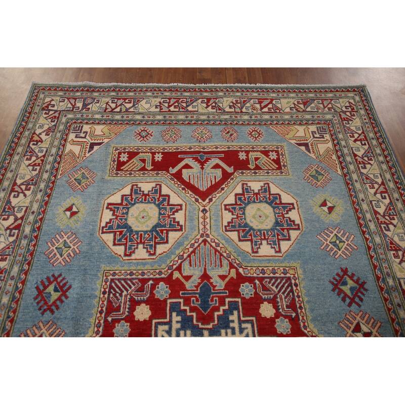 Blue Geometric Kazak Area Rug Handmade Oriental Wool Carpet - 6'0" x 9'8"