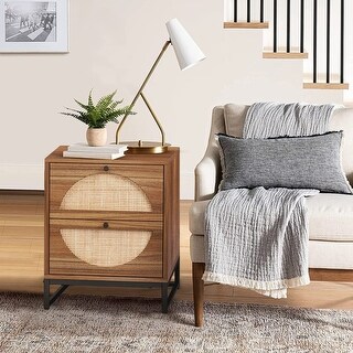 Modern Minimalism Rattan Nightstand, Wood Bedside Table with Two ...