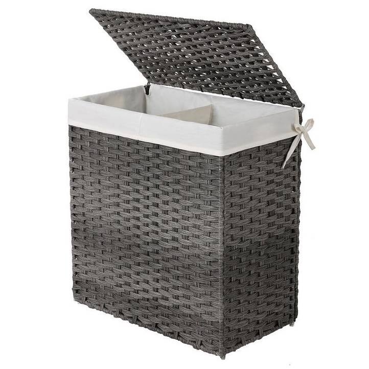 Grey Rattan Laundry Hamper with 2 Compartments, Lid and Extra Liners - 13”L x 22.4”W x 23.6”H (33 x 57 x 60 cm)