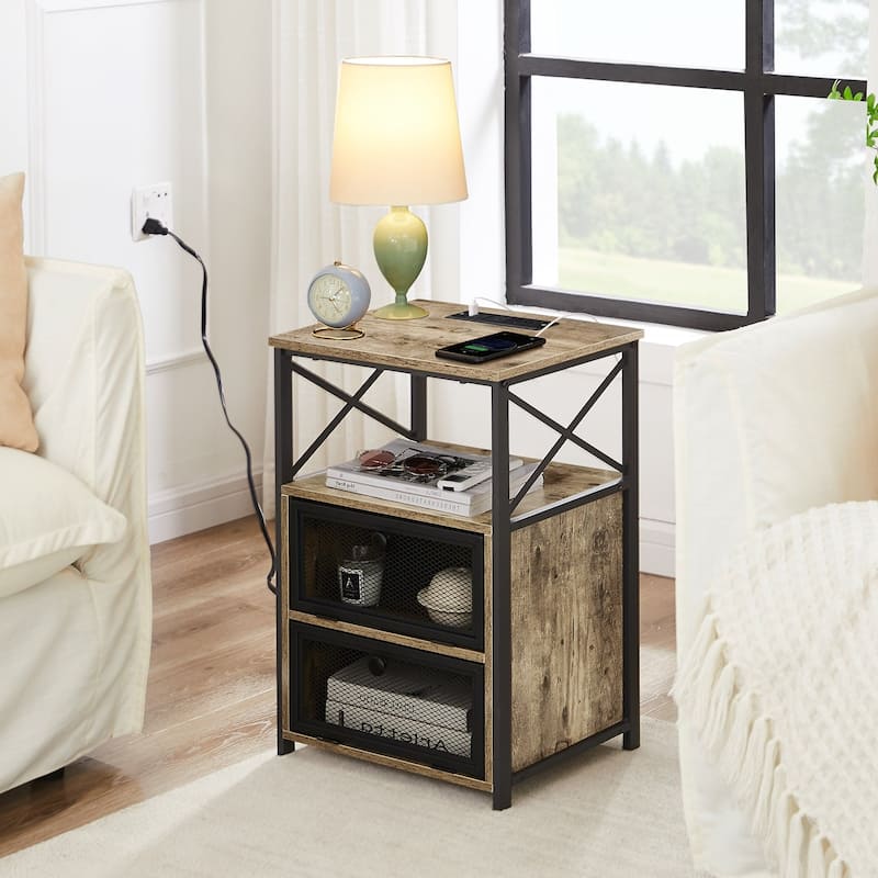 VECELO, Mid-century Modern Nightstand with Charging Station and USB Port - Grey