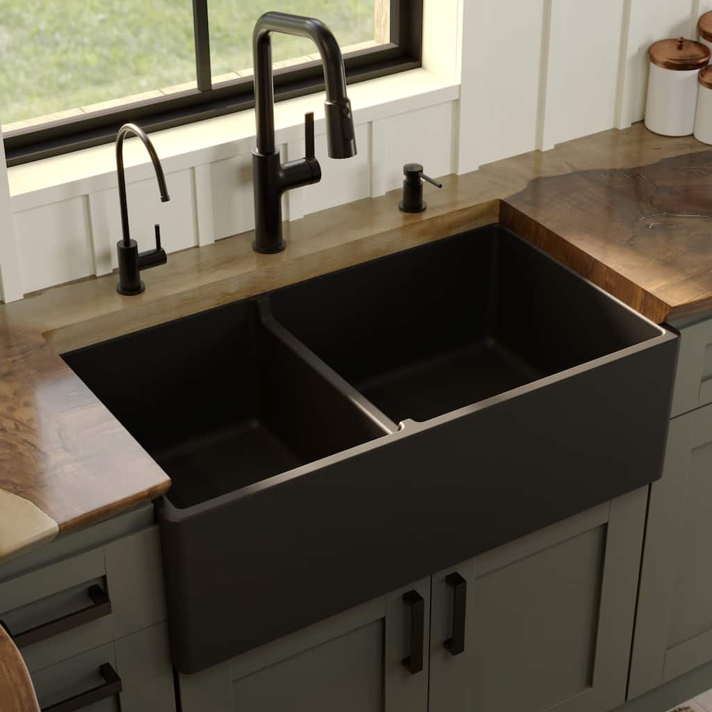 Karran 33" Double Bowl Panel Front Farmhouse Fireclay Kitchen Sink with Reversible Apron Front