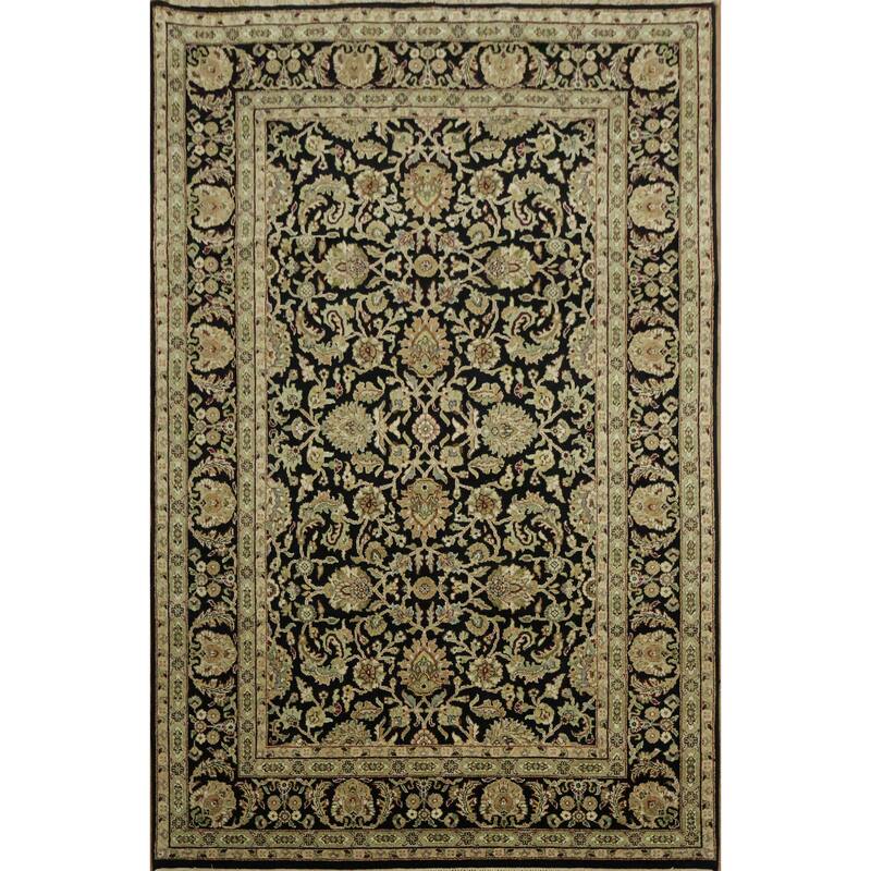 Hand Knotted Oriental 100% Wool Carpet Traditional All-Over Black Agra Area Rug - 8' 9'' X 5' 9''