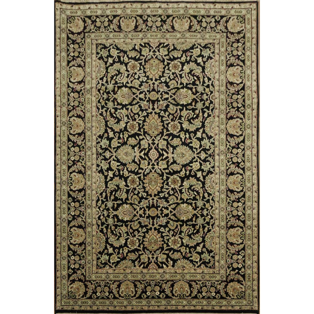 Hand Knotted Oriental 100% Wool Carpet Traditional All-Over Black Agra Area Rug - 8' 9'' X 5' 9''
