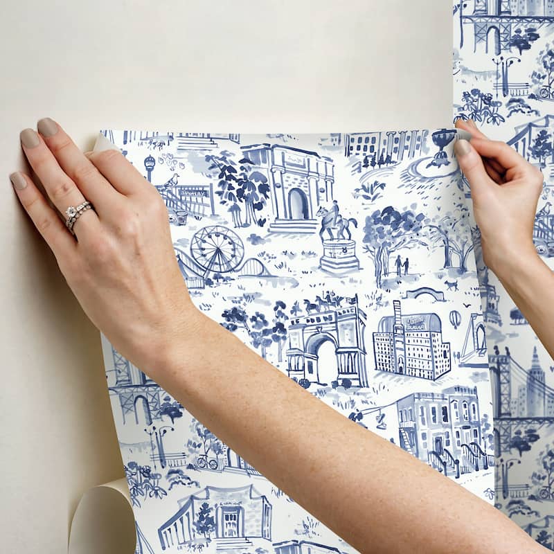 NuWallpaper Brownstone Boys Toile de New York Navy Peel and Stick Wallpaper - N/A