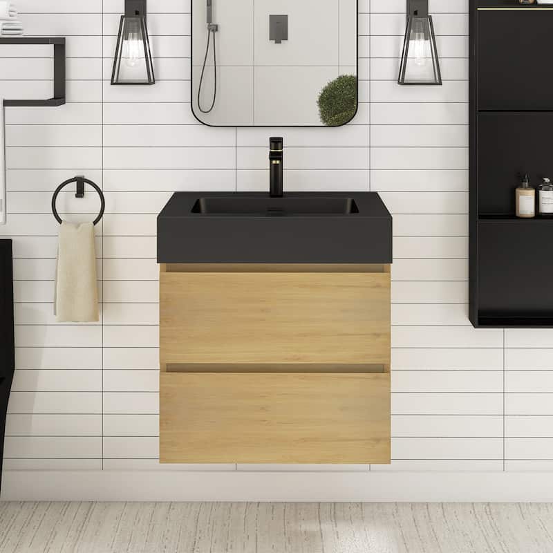 Floating Bathroom Vanity with Black Solid Surface Top - 24'' x 18.1'' x 25.2'' - Oak