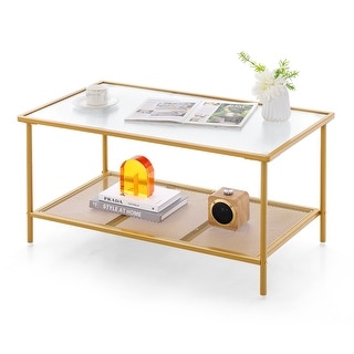 Costway 2-Tier Coffee Table with Shelf with Tempered Glass Top & Metal - See Details