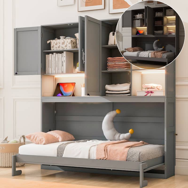 Twin/Full Size Murphy Bed Wall Bed with Top Cabinet, Shelves, Light, USB, and Storage, Space-Saving Foldable Design