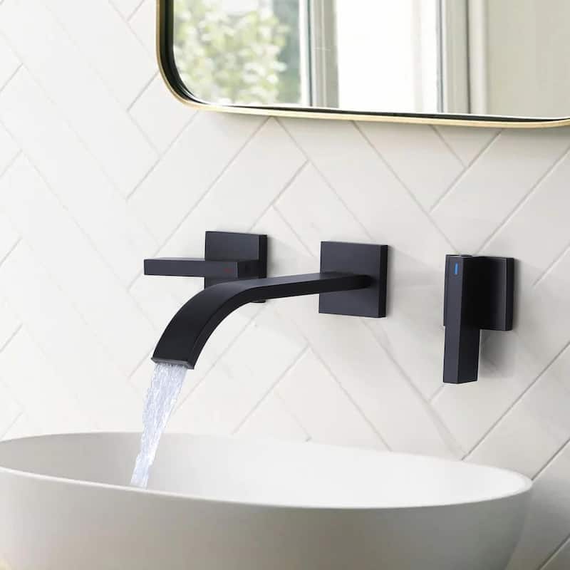 Double Handle Waterfall Wall Mounted Bathroom Faucet in Matte Black