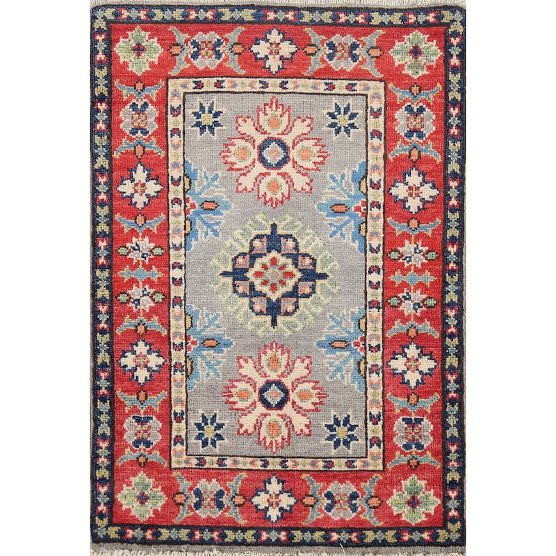 Geometric Kazak Oriental Accent Rug Handmade Grey Wool Carpet - 2'0"x 2'11"