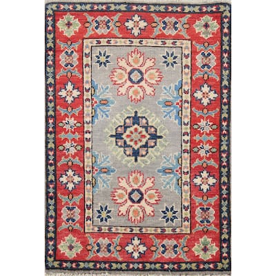 Geometric Kazak Oriental Accent Rug Handmade Grey Wool Carpet - 2'0"x 2'11"