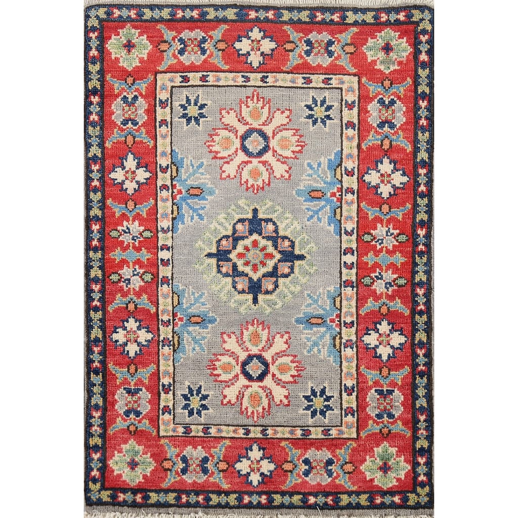Geometric Kazak Oriental Accent Rug Handmade Grey Wool Carpet - 2'0"x 2'11"