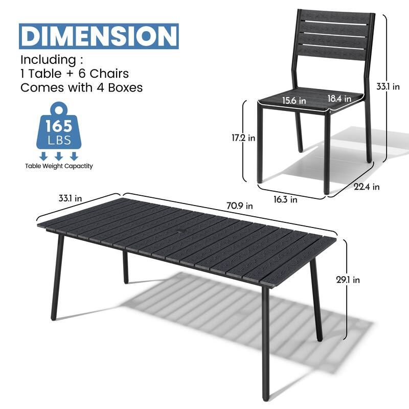 7-Piece Outdoor Patio Dining Set WPC Table Top Alumium Umbrella Hole Table with Stackable Armless Chairs