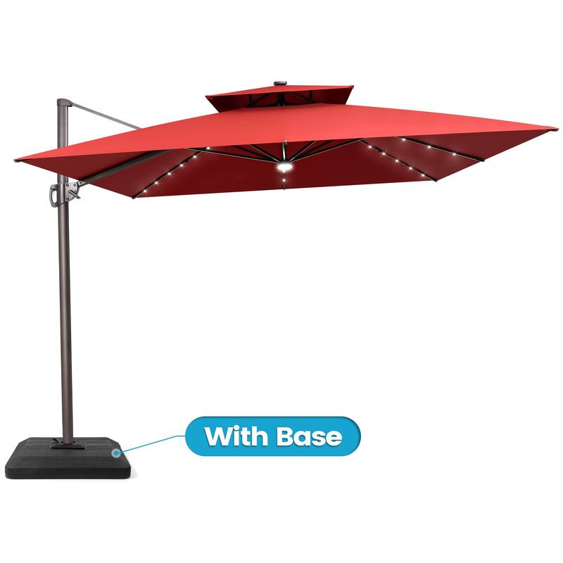 11FT Patio Cantilever Umbrella LED Lights Double Top Umbrella with 4-Piece Fillable Weighted Base