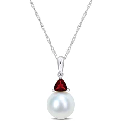 Miadora 8-8.5mm Cultured Freshwater Pearl and 1/3ct TGW Garnet Pendant with Chain in 10k White Gold - 19 mm x 8.3 mm