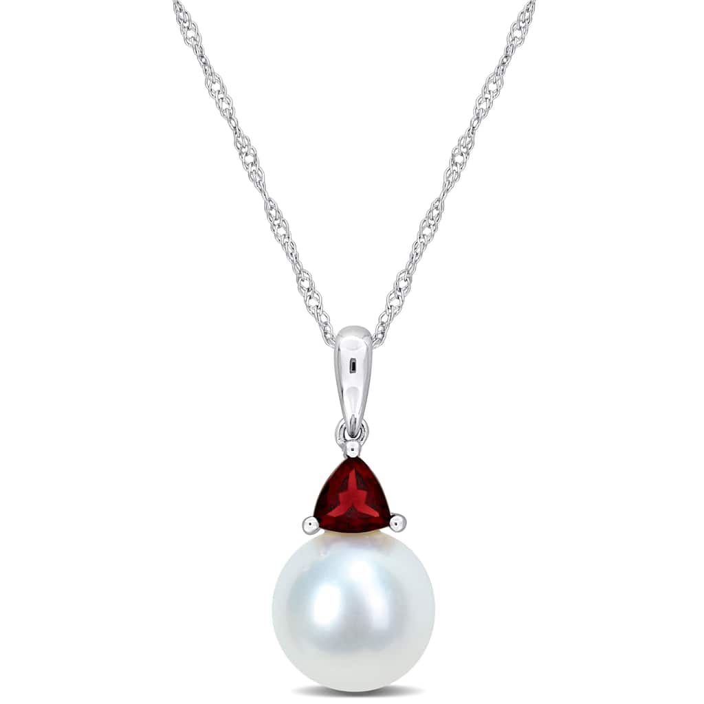 Miadora 8-8.5mm Cultured Freshwater Pearl and 1/3ct TGW Garnet Pendant with Chain in 10k White Gold - 19 mm x 8.3 mm