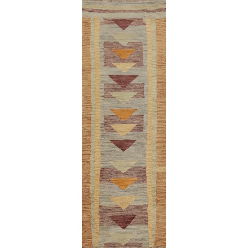 Hand Woven Oriental 100% Wool Carpet Southwestern Modern Multi-Colored Kilim Runner Rug - 9' 8'' X 2' 5''