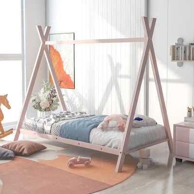 House bed Tent bed Frame Twin Size Metal Floor Play House bed with Slat for Girls Boys , No Box Spring Needed Pink
