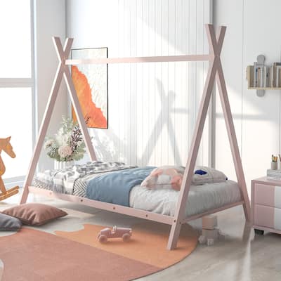 Twin House Bed Tent Bed Frame Metal Floor Play House Bed with Slat for Kids Girls Boys , No Box Spring Needed