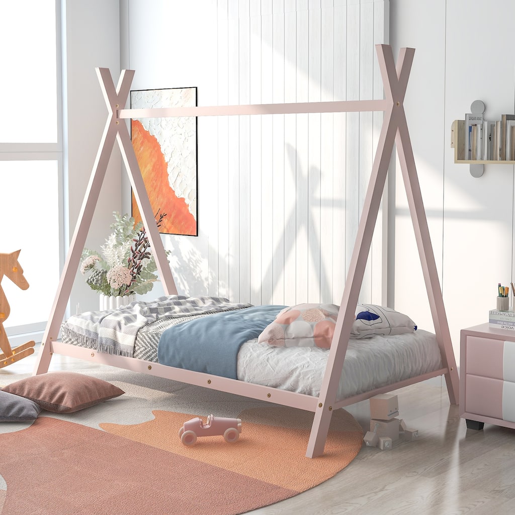 Twin Size Metal House Bed Frame for Kids with Slats, No Box Spring Needed, Pink