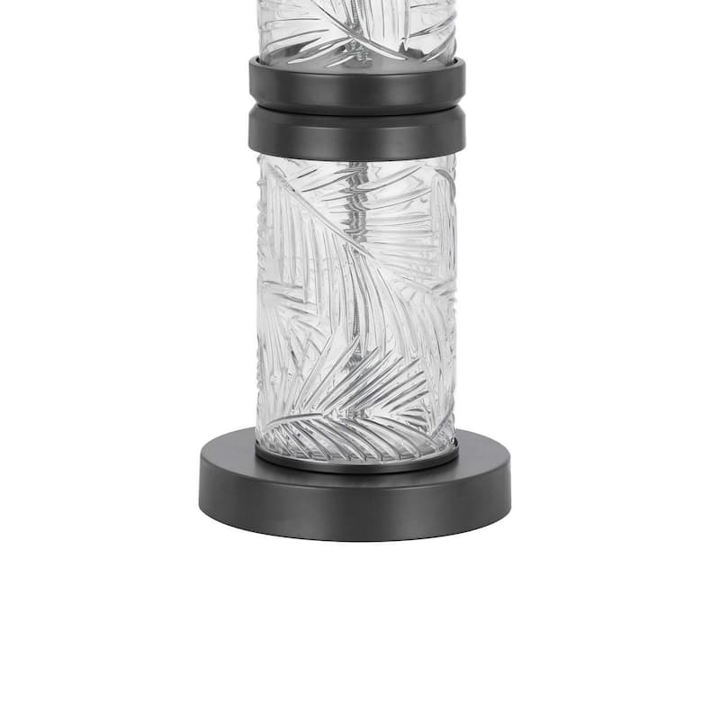 Hem 31 Inch Table Lamp with Drum Hardback, LED, Leafy Glass, Gray Metal