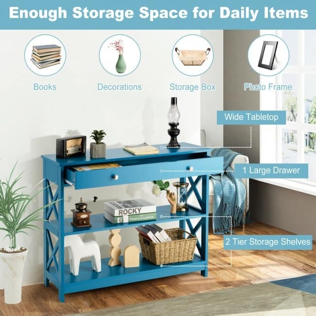 Console Table 3-Tier with Drawer and Storage Shelves - 39''x 12''x 31''(L x W x H)