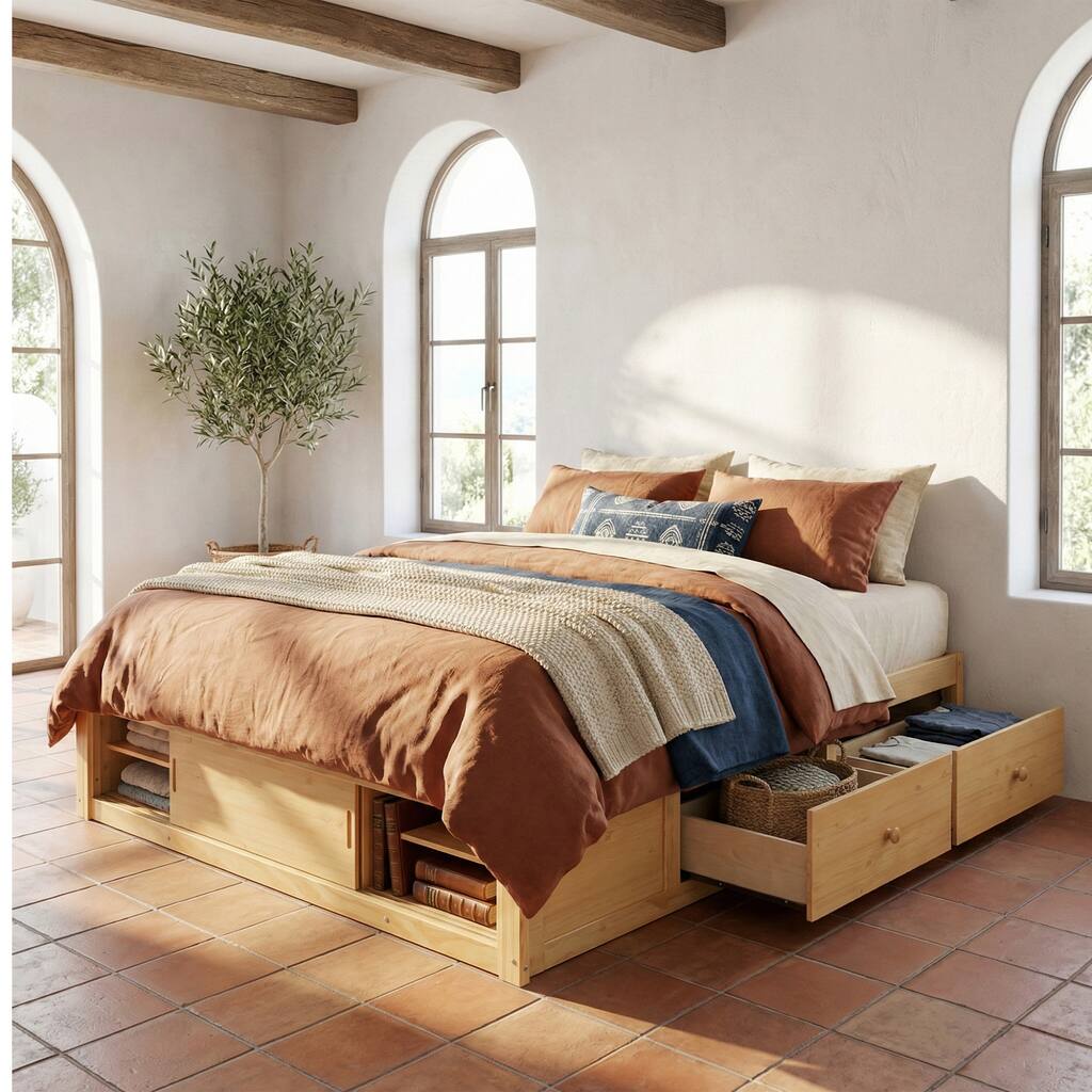 Queen Size Platform Bed Open Frame with Footboard Storage and 4 Drawers