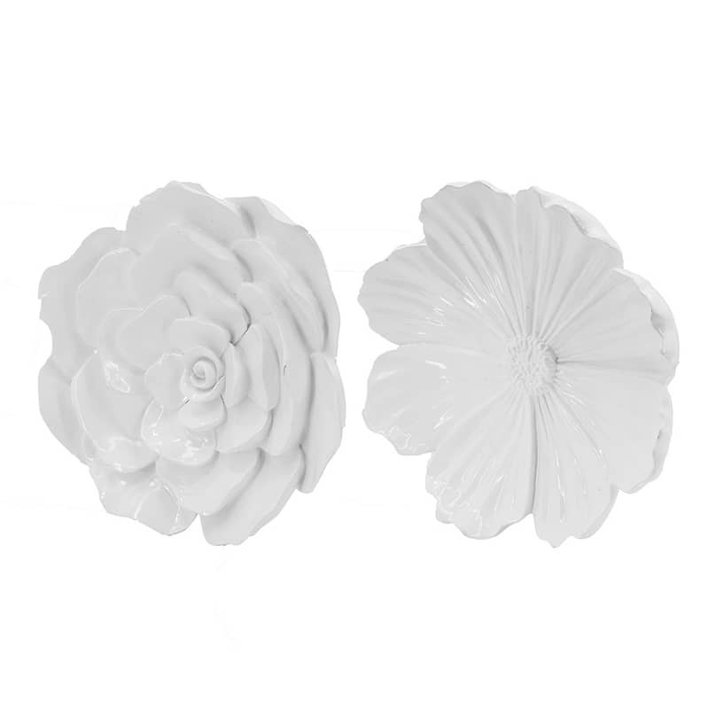 Dazzle 11, 12 Inch Floral Wall Accent Set of 2, White Resin 3 Dimensional