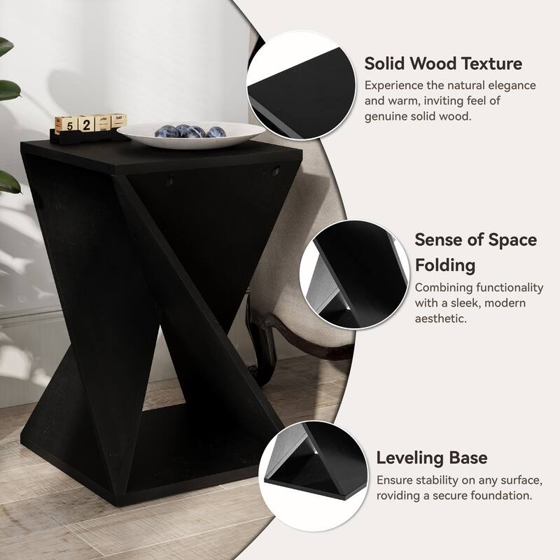 COZAYH Farmhouse End Table Square Solid Wood Side Table Rustic Plant Stand With Twisted Design, Natural Wood, Black