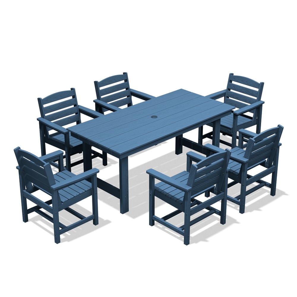 7-Piece HDPE Outdoor Dining Table Sets with Umbrella Hole - 1-Table 6-Chairs