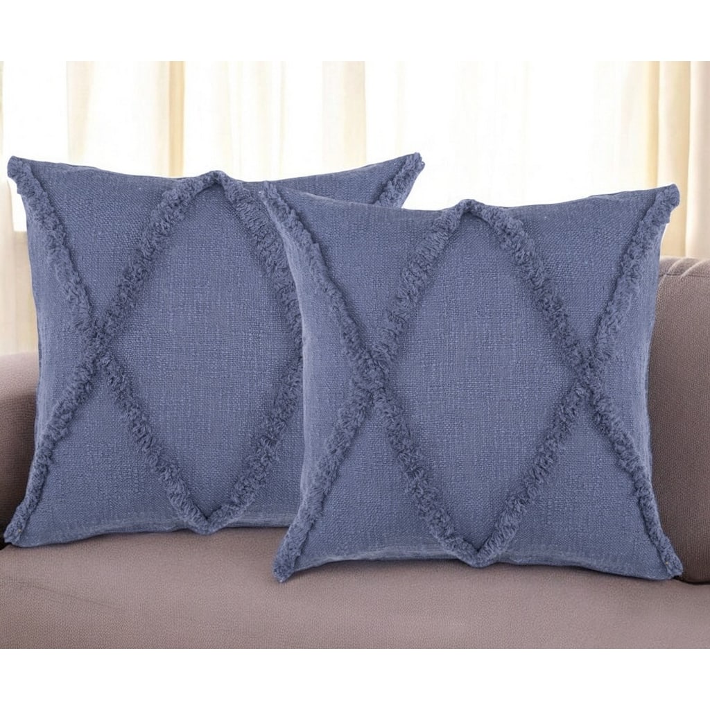 Set of Two Blue Diamond Cotton Throw Pillow With Fringe