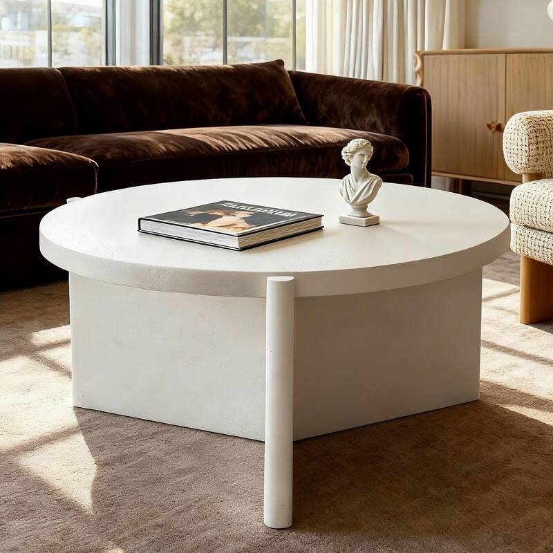 Modern Round Coffee Table with Textured Finish Center Table - White