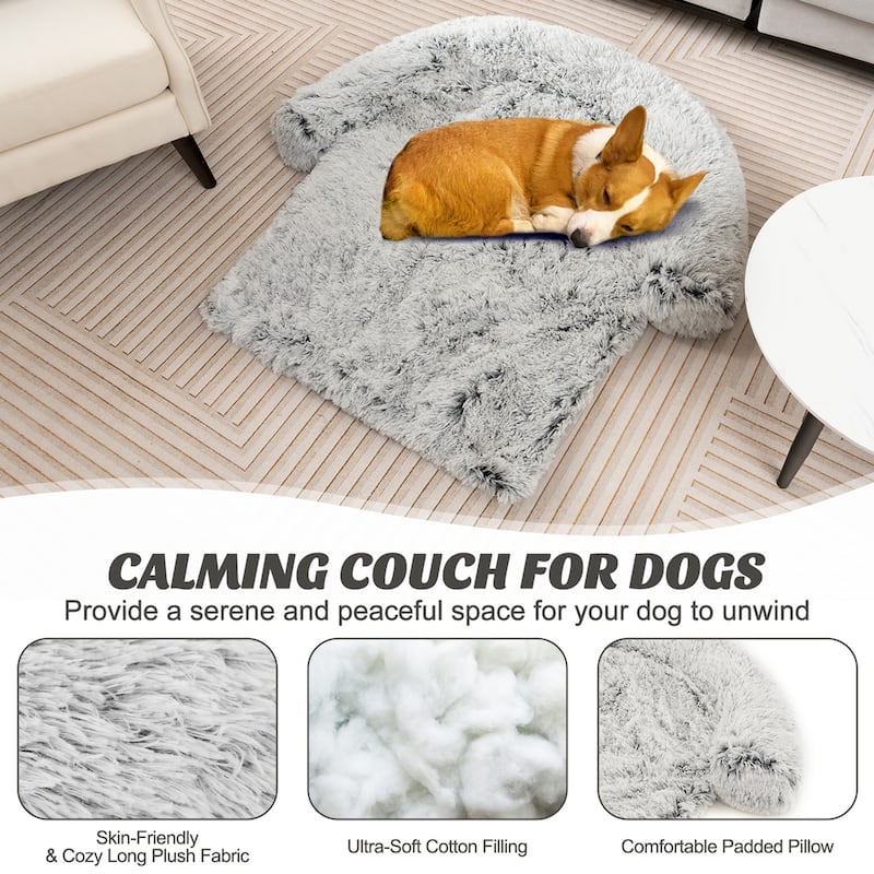 Costway Plush Calming Dog Couch Bed with Anti-Slip Bottom Plush Mat - Gray