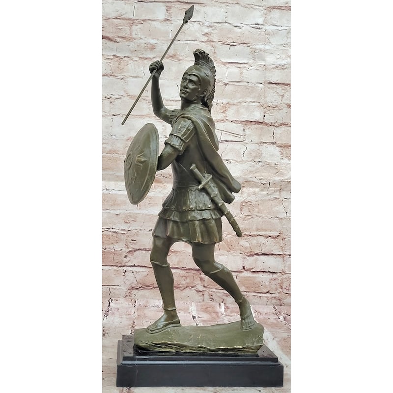 Roman Or Greek Soldier Bronze Sculpture With Spear And Shield On Marble Base